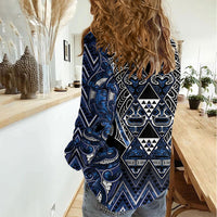 Aotearoa Tuwharetoa Women Casual Shirt Maori Tribal Navy Paua Shell Pattern