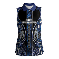 Aotearoa Tuwharetoa Women Sleeveless Polo Shirt Maori Tribal Navy Paua Shell Pattern
