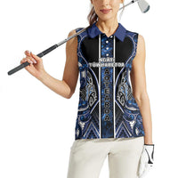 Aotearoa Tuwharetoa Women Sleeveless Polo Shirt Maori Tribal Navy Paua Shell Pattern
