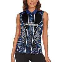 Aotearoa Tuwharetoa Women Sleeveless Polo Shirt Maori Tribal Navy Paua Shell Pattern