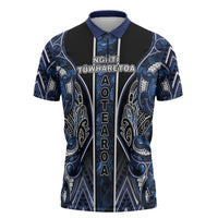 Aotearoa Tuwharetoa Zipper Polo Shirt Maori Tribal Navy Paua Shell Pattern
