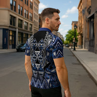 Aotearoa Tuwharetoa Zipper Polo Shirt Maori Tribal Navy Paua Shell Pattern