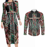 Aotearoa Ngai Tuhoe Couples Matching Long Sleeve Bodycon Dress and Long Sleeve Button Shirt Maori Tribal Red And Green Paua Shell Pattern