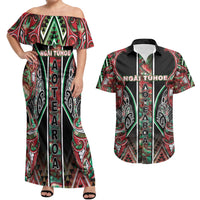 Aotearoa Ngai Tuhoe Couples Matching Off Shoulder Maxi Dress and Hawaiian Shirt Maori Tribal Red And Green Paua Shell Pattern
