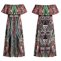 Aotearoa Ngai Tuhoe Couples Matching Off Shoulder Maxi Dress and Long Sleeve Button Shirt Maori Tribal Red And Green Paua Shell Pattern
