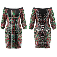 Aotearoa Ngai Tuhoe Couples Matching Off The Shoulder Long Sleeve Dress and Hawaiian Shirt Maori Tribal Red And Green Paua Shell Pattern