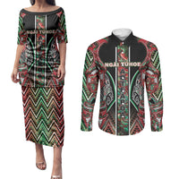 Aotearoa Ngai Tuhoe Couples Matching Puletasi and Long Sleeve Button Shirt Maori Tribal Red And Green Paua Shell Pattern