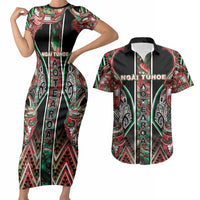Aotearoa Ngai Tuhoe Couples Matching Short Sleeve Bodycon Dress and Hawaiian Shirt Maori Tribal Red And Green Paua Shell Pattern