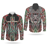 Aotearoa Ngai Tuhoe Couples Matching Short Sleeve Bodycon Dress and Long Sleeve Button Shirt Maori Tribal Red And Green Paua Shell Pattern