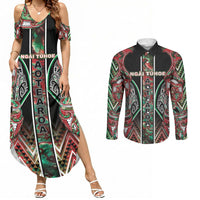 Aotearoa Ngai Tuhoe Couples Matching Summer Maxi Dress and Long Sleeve Button Shirt Maori Tribal Red And Green Paua Shell Pattern
