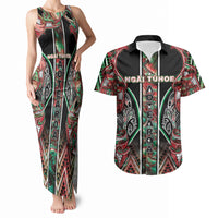 Aotearoa Ngai Tuhoe Couples Matching Tank Maxi Dress and Hawaiian Shirt Maori Tribal Red And Green Paua Shell Pattern
