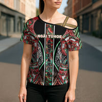 Aotearoa Ngai Tuhoe Cross Shoulder Shirt Maori Tribal Red And Green Paua Shell Pattern