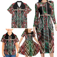 Aotearoa Ngai Tuhoe Family Matching Long Sleeve Bodycon Dress and Hawaiian Shirt Maori Tribal Red And Green Paua Shell Pattern