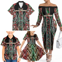 Aotearoa Ngai Tuhoe Family Matching Off The Shoulder Long Sleeve Dress and Hawaiian Shirt Maori Tribal Red And Green Paua Shell Pattern