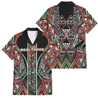 Aotearoa Ngai Tuhoe Family Matching Off The Shoulder Long Sleeve Dress and Hawaiian Shirt Maori Tribal Red And Green Paua Shell Pattern