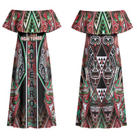 Aotearoa Ngai Tuhoe Family Matching Off Shoulder Maxi Dress and Hawaiian Shirt Maori Tribal Red And Green Paua Shell Pattern
