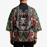 Aotearoa Ngai Tuhoe Kimono Maori Tribal Red And Green Paua Shell Pattern