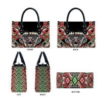 Aotearoa Ngai Tuhoe Leather Bag Maori Tribal Red And Green Paua Shell Pattern