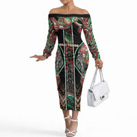 Aotearoa Ngai Tuhoe Off The Shoulder Long Sleeve Dress Maori Tribal Red And Green Paua Shell Pattern