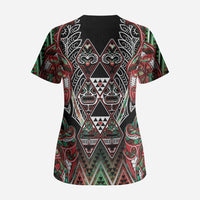 Aotearoa Ngai Tuhoe Scrub Top Maori Tribal Red And Green Paua Shell Pattern