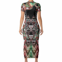 Aotearoa Ngai Tuhoe Short Sleeve Bodycon Dress Maori Tribal Red And Green Paua Shell Pattern
