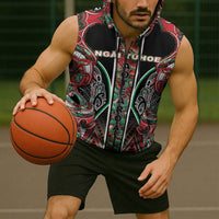 Aotearoa Ngai Tuhoe Sleeveless Zip Hoodie Maori Tribal Red And Green Paua Shell Pattern
