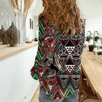 Aotearoa Ngai Tuhoe Women Casual Shirt Maori Tribal Red And Green Paua Shell Pattern