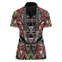 Aotearoa Ngai Tuhoe Women Polo Shirt Maori Tribal Red And Green Paua Shell Pattern