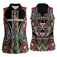 Aotearoa Ngai Tuhoe Women Sleeveless Polo Shirt Maori Tribal Red And Green Paua Shell Pattern