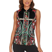 Aotearoa Ngai Tuhoe Women Sleeveless Polo Shirt Maori Tribal Red And Green Paua Shell Pattern