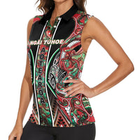 Aotearoa Ngai Tuhoe Women Sleeveless Polo Shirt Maori Tribal Red And Green Paua Shell Pattern