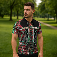 Aotearoa Ngai Tuhoe Zipper Polo Shirt Maori Tribal Red And Green Paua Shell Pattern