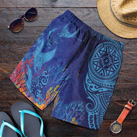 Fijian Tribal Manta Ray Shorts for Men Masi Motif with Coral Reef Ocean Vibe