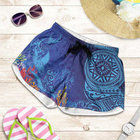Fijian Tribal Manta Ray Shorts for Women Masi Motif with Coral Reef Ocean Vibe