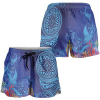 Fijian Tribal Manta Ray Shorts for Women Masi Motif with Coral Reef Ocean Vibe