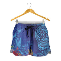 Fijian Tribal Manta Ray Shorts for Women Masi Motif with Coral Reef Ocean Vibe