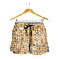 Gold Palaka Hawaii Mele Kalikimaka Shorts for Women Ohia Lehua Shell Leis Funny Gingerbread Santa - Polynesian Pride