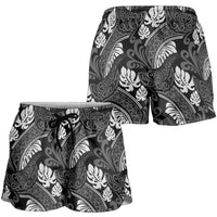 Grayscale Monstera Shorts for Women Polynesian Tribal Pattern - Polynesian Pride