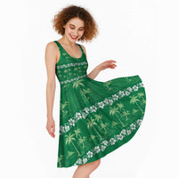 Green Hawaii Palm Tree Hibiscus Midi Dress Fantasy Summer Vibe