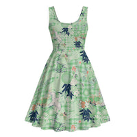 Green Palaka Crane and Flowers Midi Dress Japan Heritage Spirit - Polynesian Pride