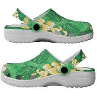 Green Palaka Hawaii Mele Kalikimaka Clogs Shoes Ohia Lehua Monstera Puakenikeni Lei - Polynesian Pride