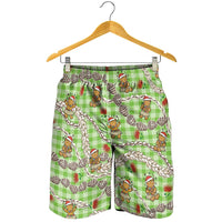 Green Palaka Hawaii Mele Kalikimaka Shorts for Men Ohia Lehua Shell Leis Funny Gingerbread Santa - Polynesian Pride