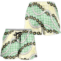 Green Palaka Hawaii Shorts for Women Kukui Nut Pikake Lei Hawaiian Tapa Pattern - Polynesian Pride