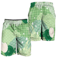 Green Palaka Japanese Traditional Shorts for Men Asanoha Seigaiha Sakura Motif - Polynesian Pride