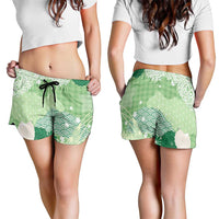 Green Palaka Japanese Traditional Shorts for Women Asanoha Seigaiha Sakura Motif - Polynesian Pride
