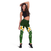 Green Polynesia Leggings Plumeria Tropical Leaves With Galaxy Polynesian Art - Polynesian Pride
