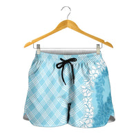 Hawaii Aloha Plumeria Lei Turquoise Palaka Shorts for Women - Polynesian Pride