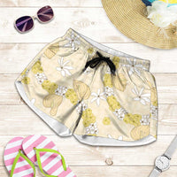 Hawaii Anthurium Tiare Pikake Lei Shorts for Women Melemele Lauhala Art Pattern LT01 Yellow - Polynesian Pride