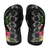 Hawaii DNA Kakau Tattoo Flip Flops with Plumeria and Hibiscus Tropical Plants Black Color