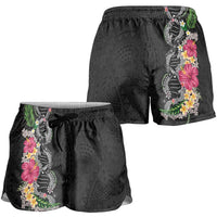 Hawaii DNA Kakau Tattoo Shorts for Women with Plumeria and Hibiscus Tropical Plants Black Color